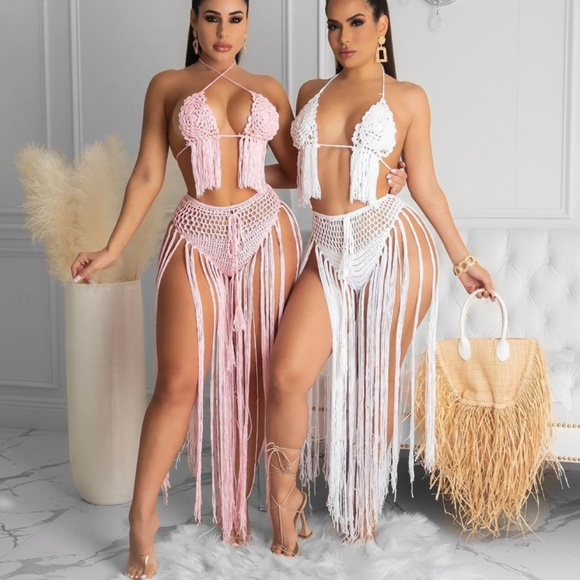 2 PIECE CO ORD SET PINK CROCHET TOP & SKIRT SET HAND KNIT CROCHET BIKINI SKIRT - Picture 1 of 5